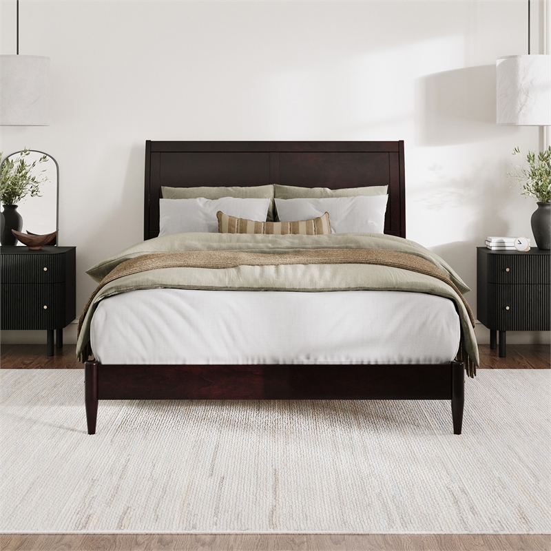 Valencia Queen Solid Wood Low Profile Sleigh Platform Bed in Espresso