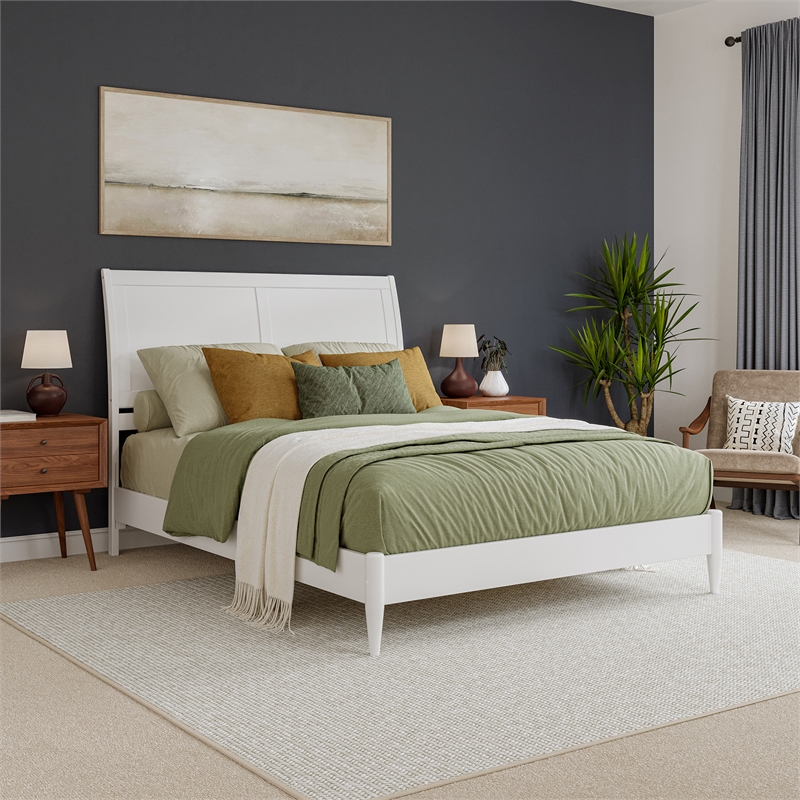 Valencia Queen Solid Wood Low Profile Sleigh Platform Bed in White