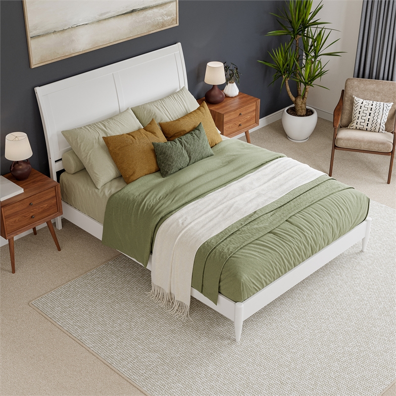 Valencia Queen Solid Wood Low Profile Sleigh Platform Bed in White