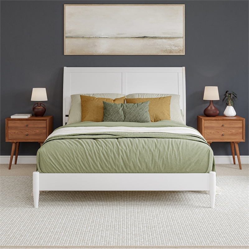 Valencia Queen Solid Wood Low Profile Sleigh Platform Bed in White