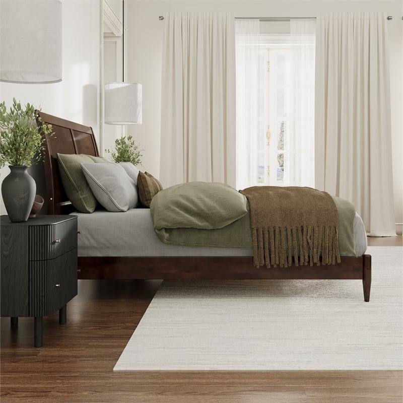 Valencia Queen Solid Wood Low Profile Sleigh Platform Bed in Walnut