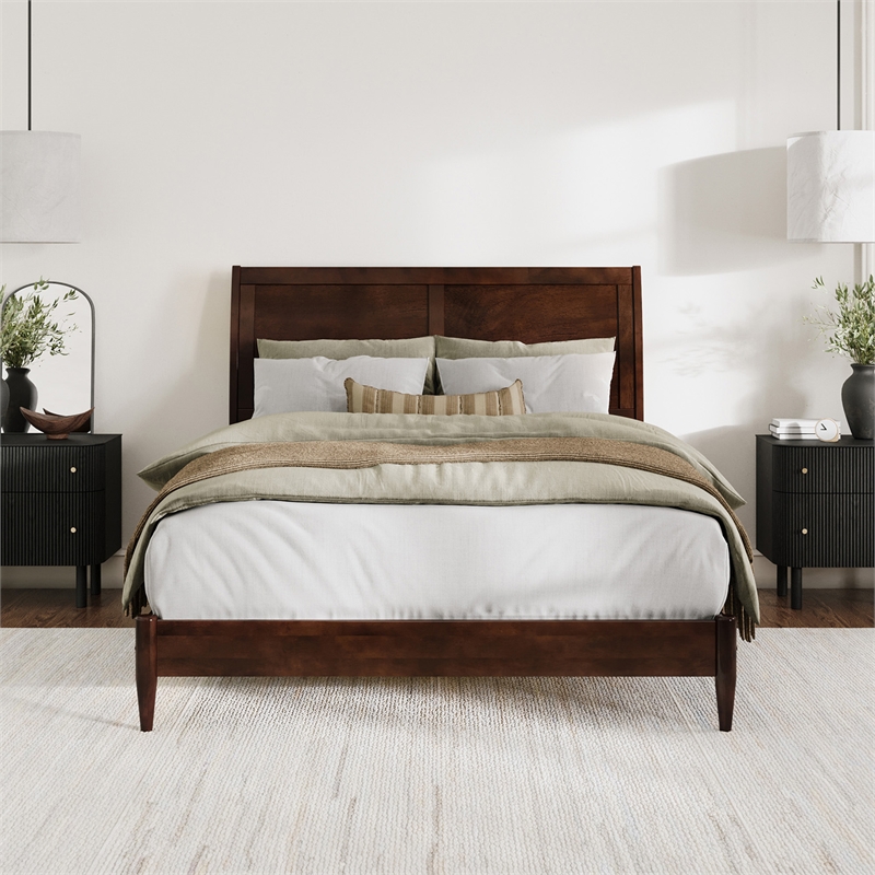 Valencia Queen Solid Wood Low Profile Sleigh Platform Bed in Walnut