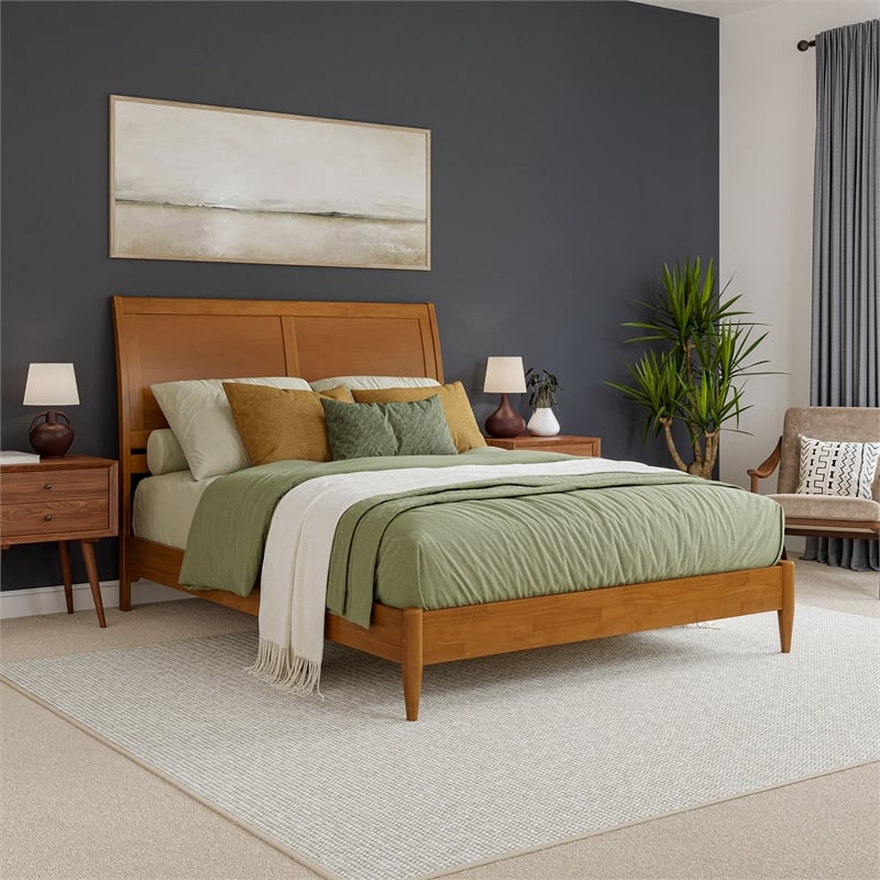 Valencia Queen Solid Wood Low Profile Sleigh Platform Bed in Light Toffee