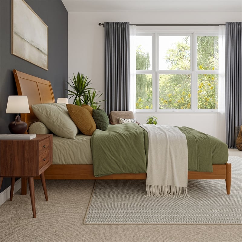 Valencia Queen Solid Wood Low Profile Sleigh Platform Bed in Light Toffee