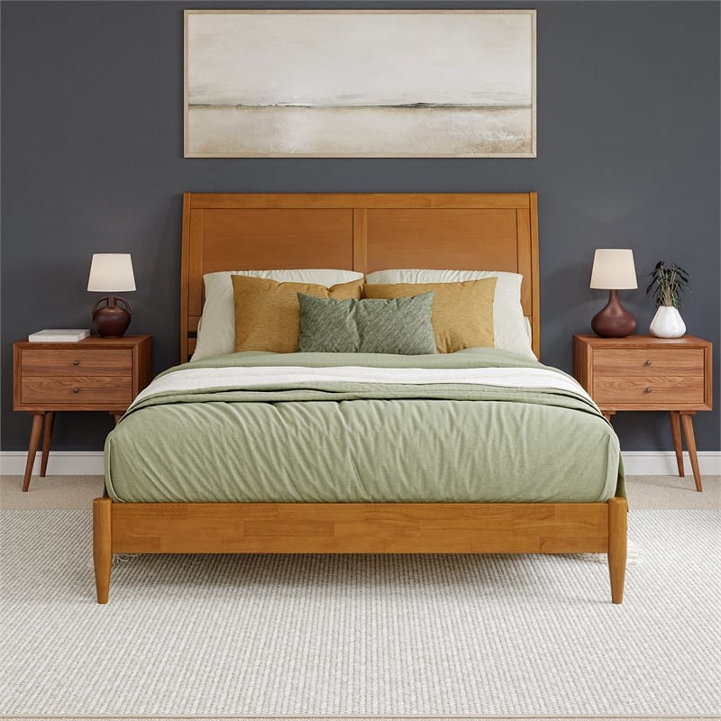 Valencia Queen Solid Wood Low Profile Sleigh Platform Bed in Light Toffee