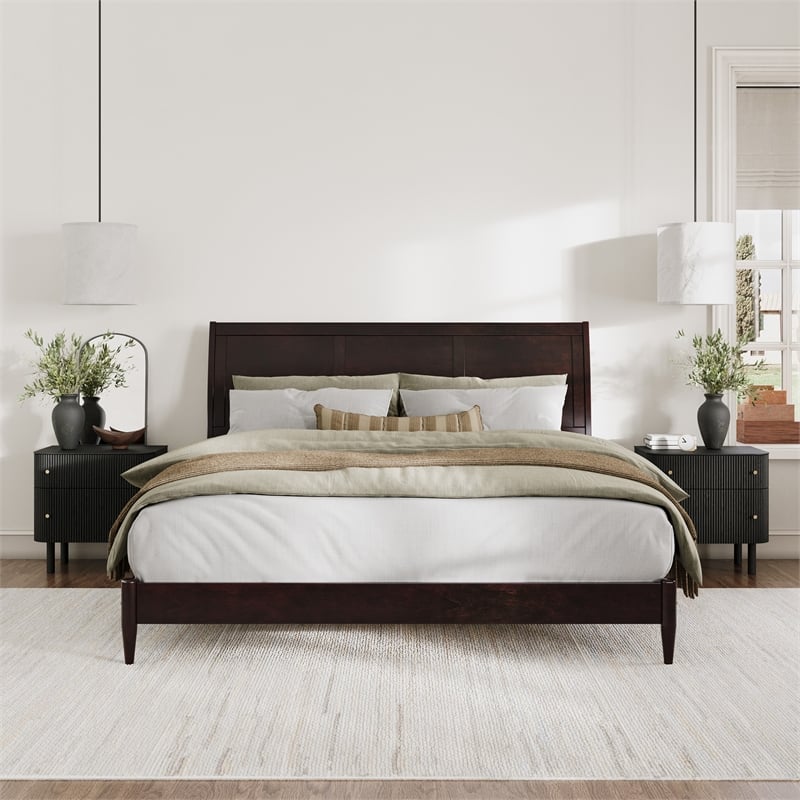 Valencia King Solid Wood Low Profile Sleigh Platform Bed in Espresso