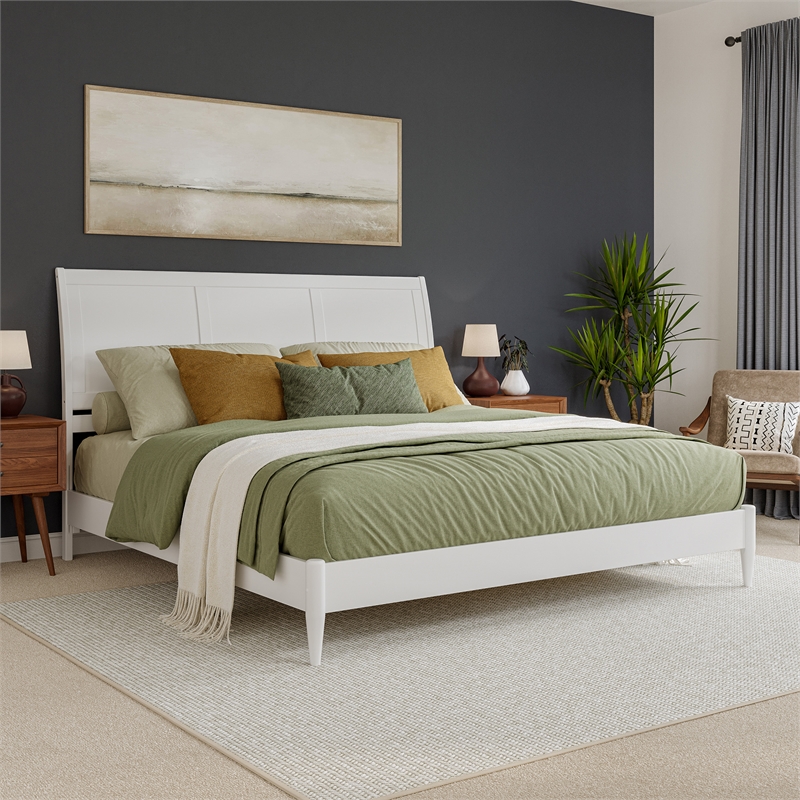 Valencia King Solid Wood Low Profile Sleigh Platform Bed in White