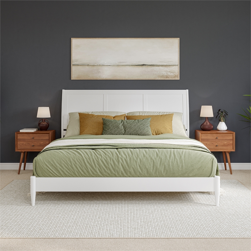 Valencia King Solid Wood Low Profile Sleigh Platform Bed in White