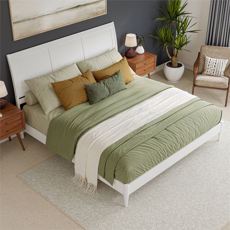 Valencia King Solid Wood Low Profile Sleigh Platform Bed in White