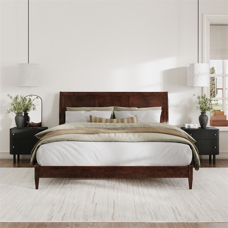 Valencia King Solid Wood Low Profile Sleigh Platform Bed in Walnut