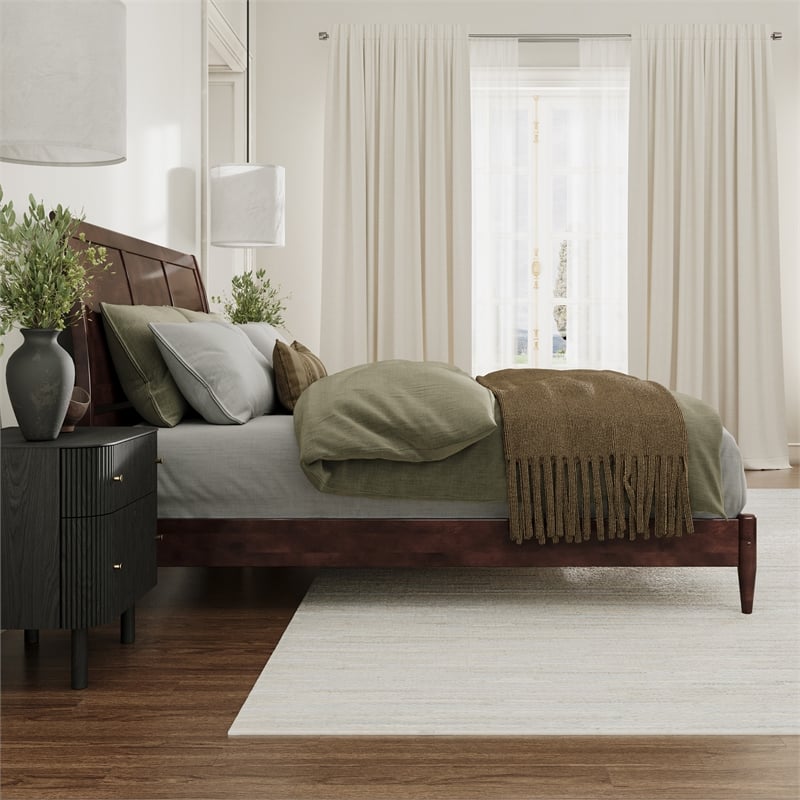 Valencia King Solid Wood Low Profile Sleigh Platform Bed in Walnut