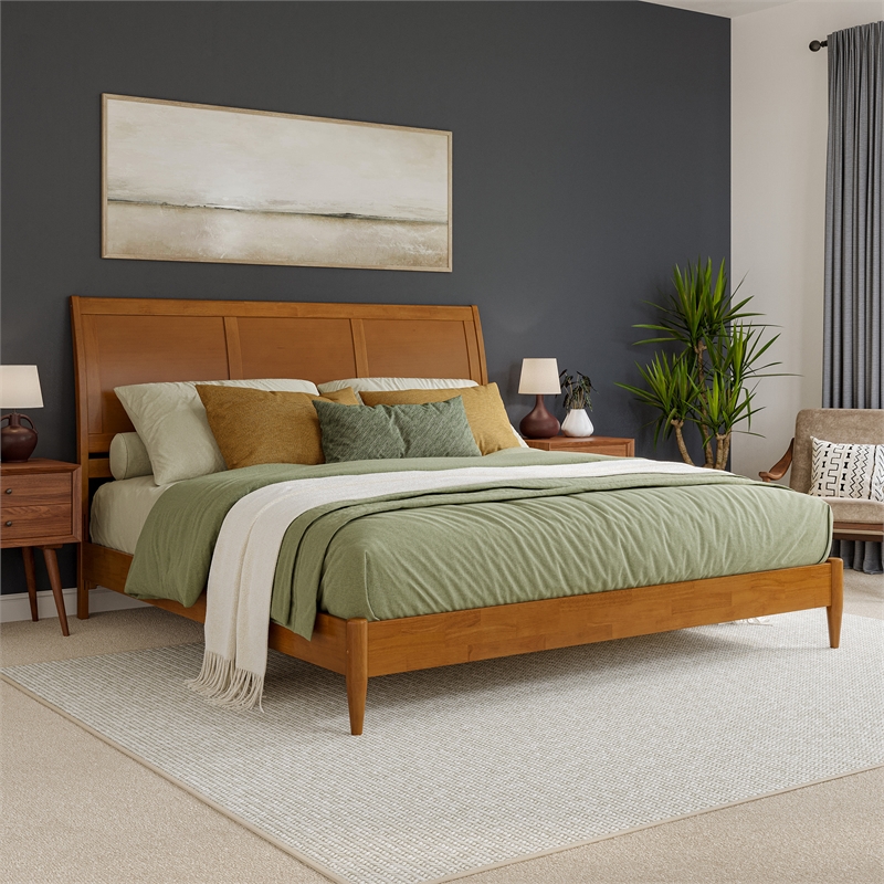 Valencia King Solid Wood Low Profile Sleigh Platform Bed in Light Toffee