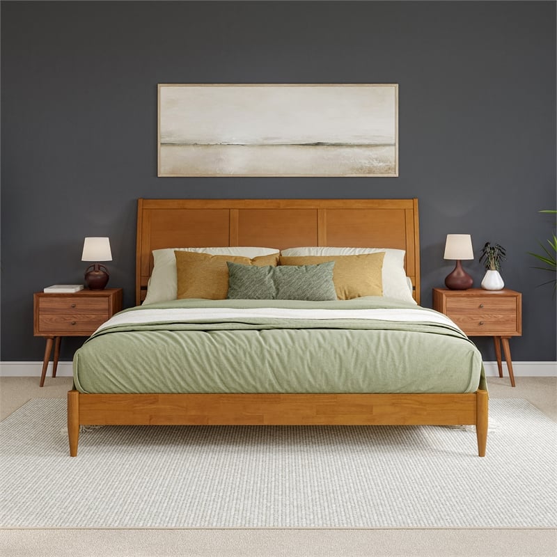 Valencia King Solid Wood Low Profile Sleigh Platform Bed in Light Toffee