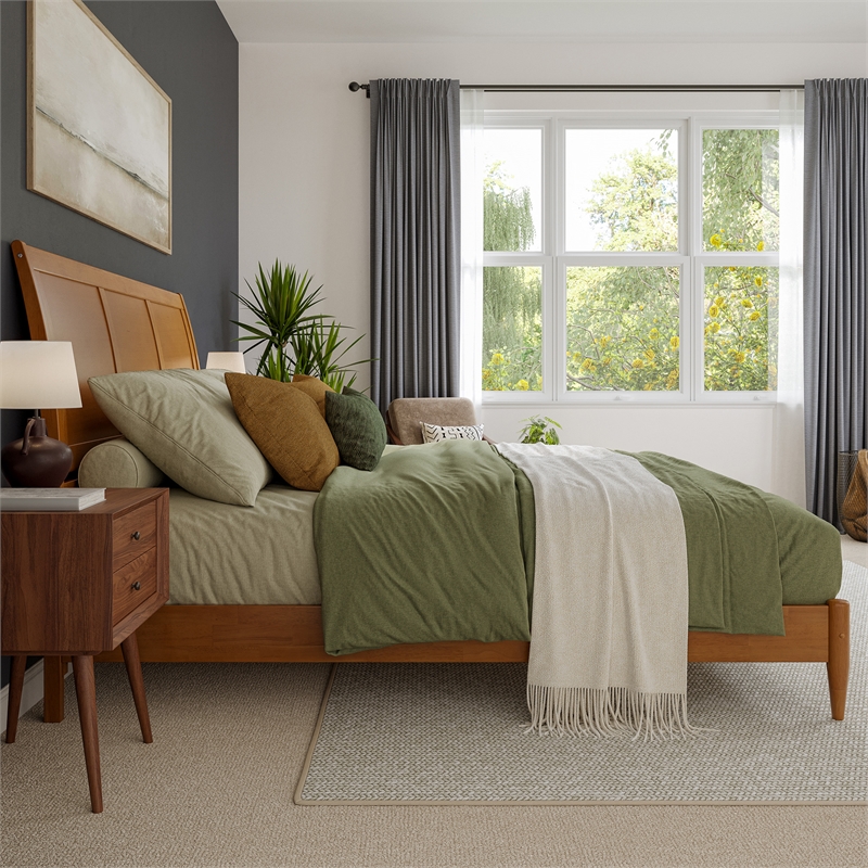 Valencia King Solid Wood Low Profile Sleigh Platform Bed in Light Toffee