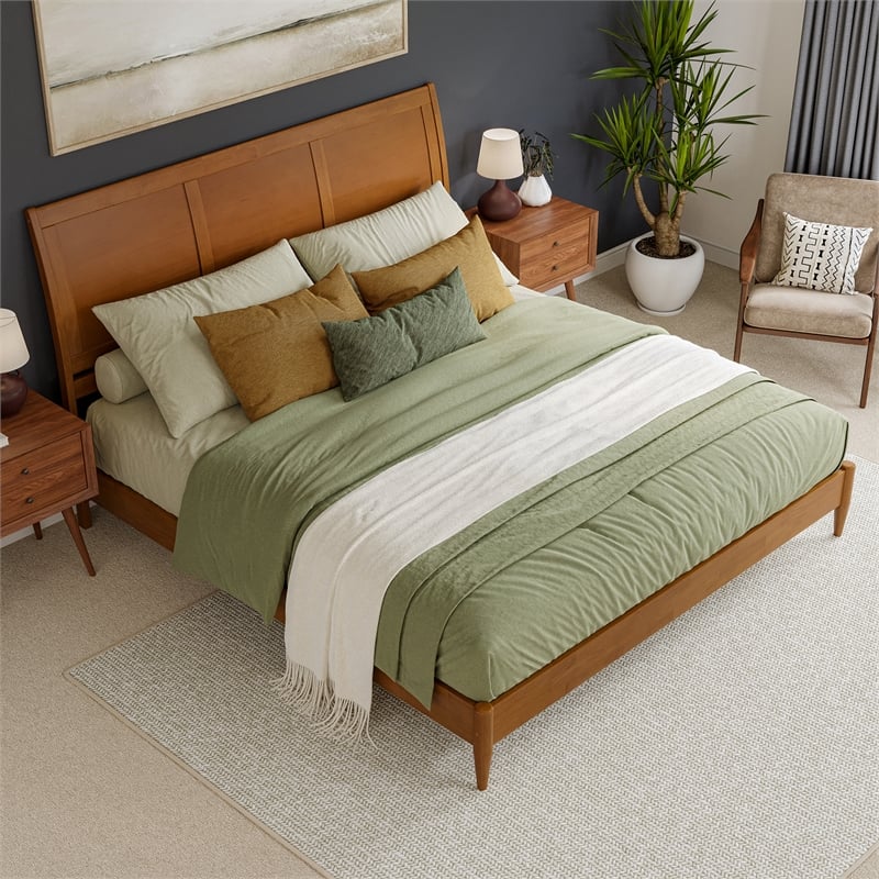 Valencia King Solid Wood Low Profile Sleigh Platform Bed in Light Toffee