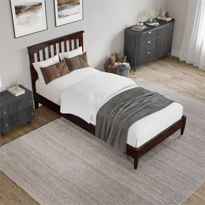 Becket Twin XL Wood Low Profile Platform Bed in Walnut