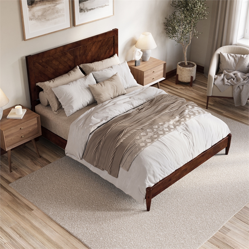 Berkshire Queen Solid Wood Low Profile Platform Bed in Walnut