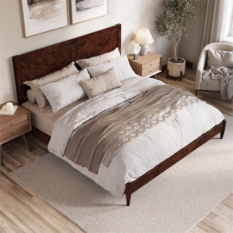 Berkshire King Solid Wood Low Profile Platform Bed in Walnut