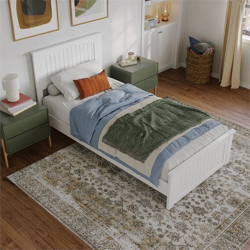 Naples Twin XL Wood Low Profile Platform Bed with Matching Footboard in White