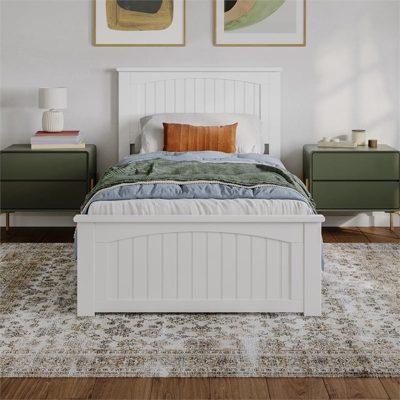 Naples Twin XL Wood Low Profile Platform Bed with Matching Footboard in White