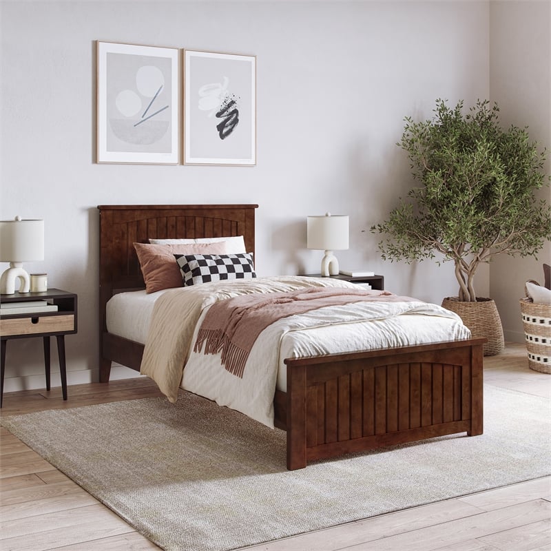 Naples Twin XL Wood Low Profile Platform Bed with Matching Footboard in Walnut