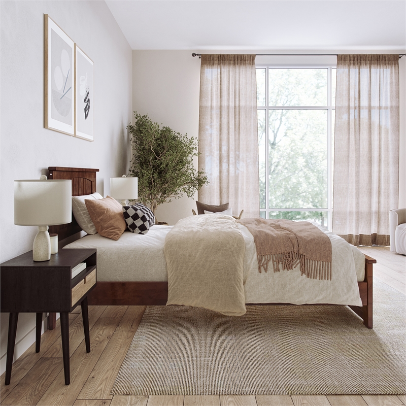 Naples Twin XL Wood Low Profile Platform Bed with Matching Footboard in Walnut