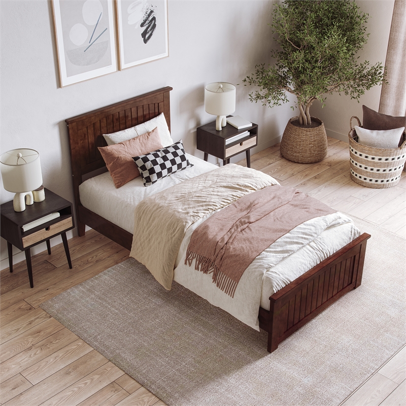 Naples Twin XL Wood Low Profile Platform Bed with Matching Footboard in Walnut