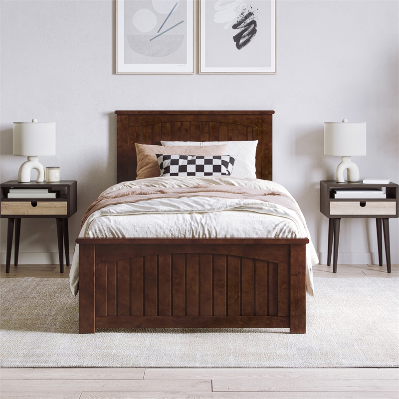 Naples Twin XL Wood Low Profile Platform Bed with Matching Footboard in Walnut