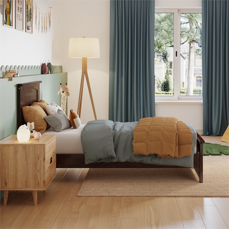 Naples Twin Wood Low Profile Platform Bed with Matching Footboard in Walnut