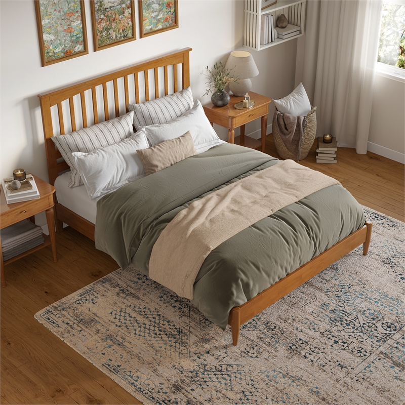 Becket Queen Wood Low Profile Platform Bed in Light Toffee