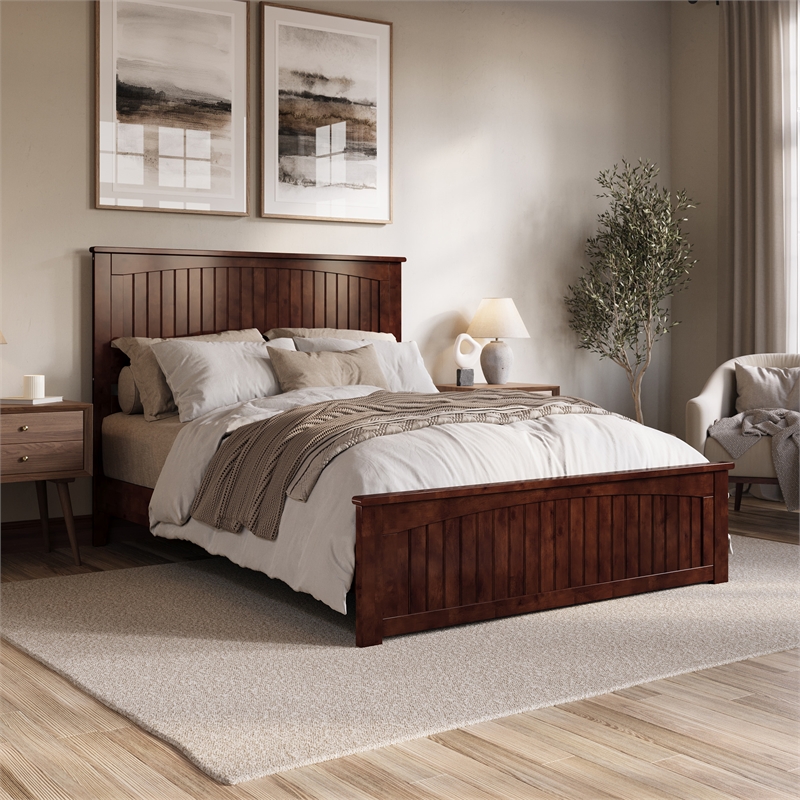 Naples Queen Wood Low Profile Platform Bed with Matching Footboard in Walnut