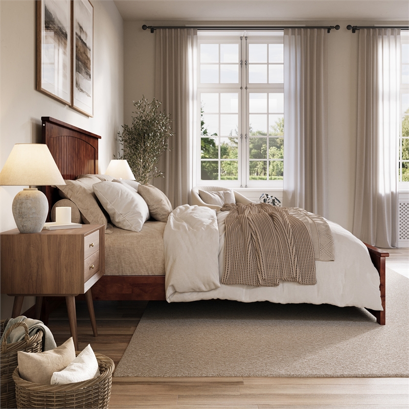 Naples Queen Wood Low Profile Platform Bed with Matching Footboard in Walnut