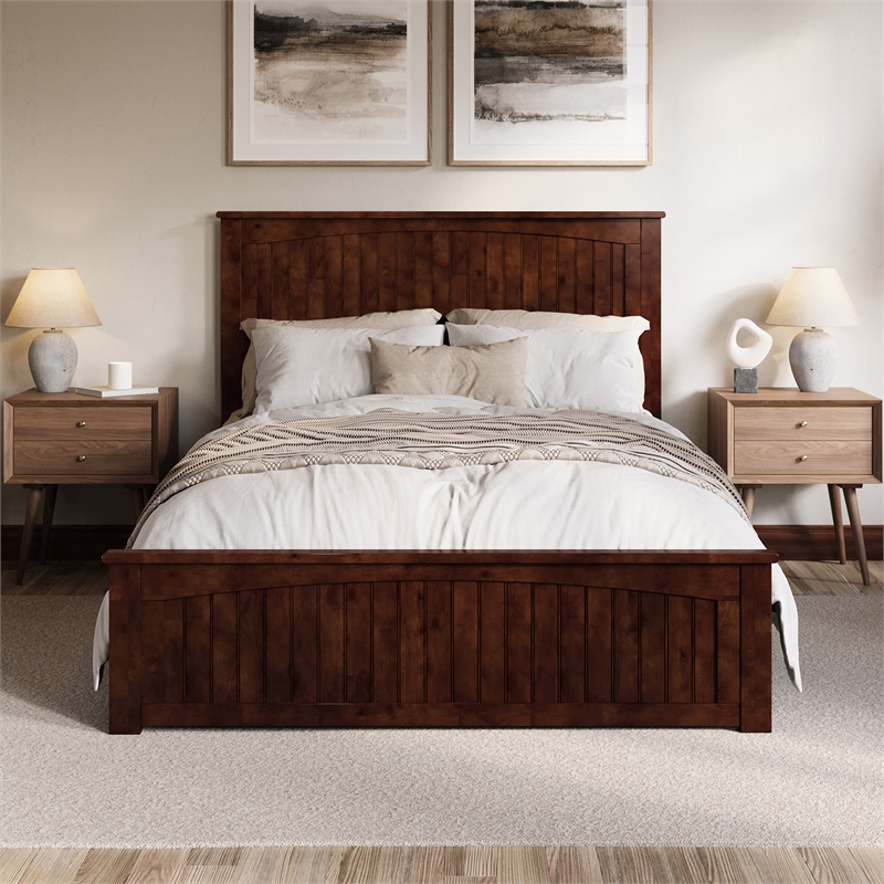 Naples Queen Wood Low Profile Platform Bed with Matching Footboard in Walnut