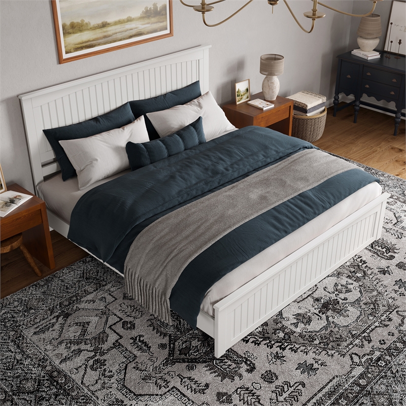 Naples King Wood Low Profile Platform Bed with Matching Footboard in White