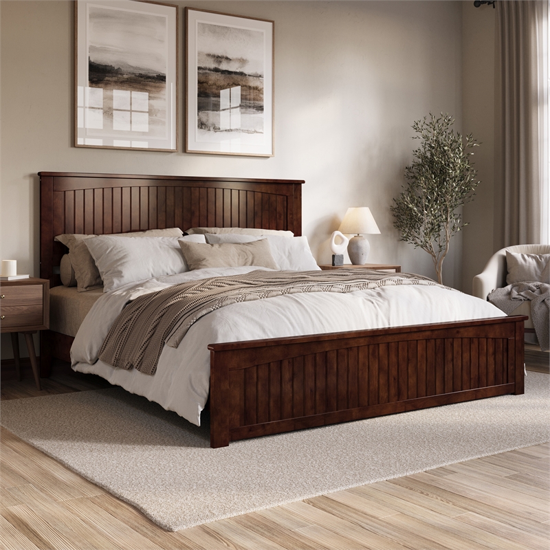 Naples King Wood Low Profile Platform Bed with Matching Footboard in Walnut