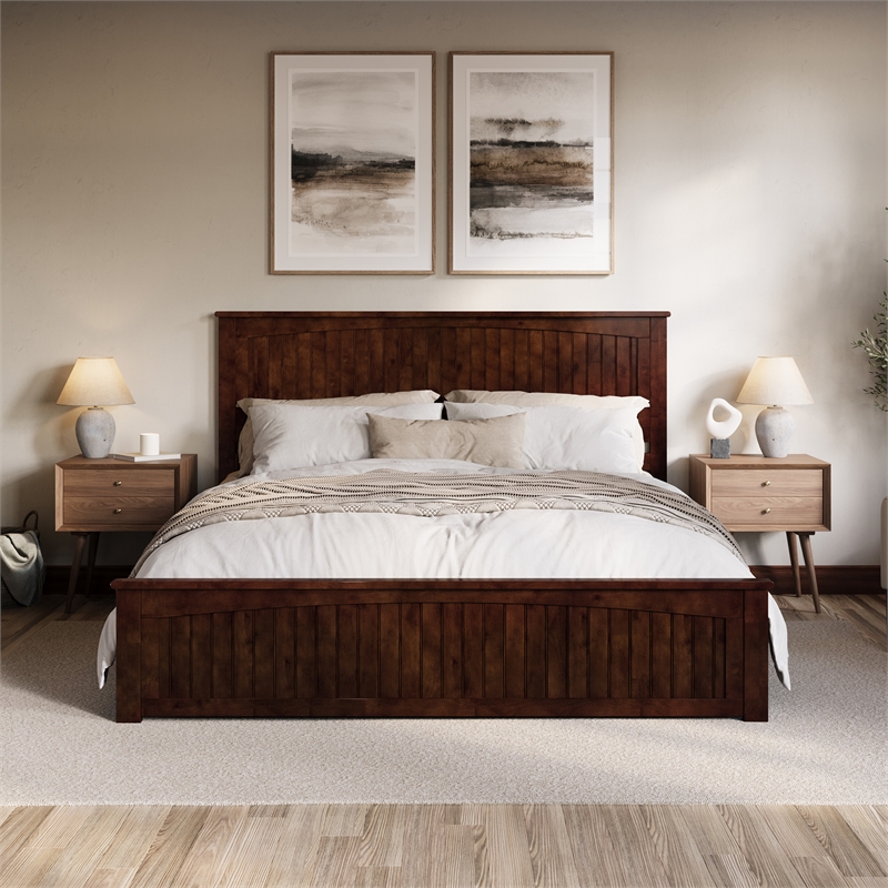 Naples King Wood Low Profile Platform Bed with Matching Footboard in Walnut