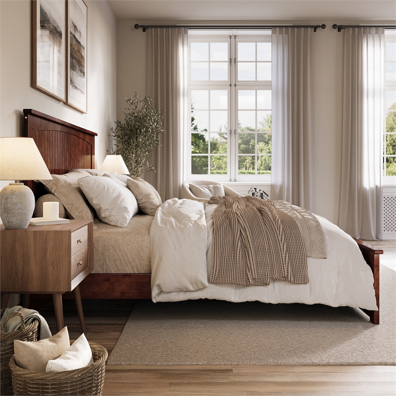 Naples King Wood Low Profile Platform Bed with Matching Footboard in Walnut