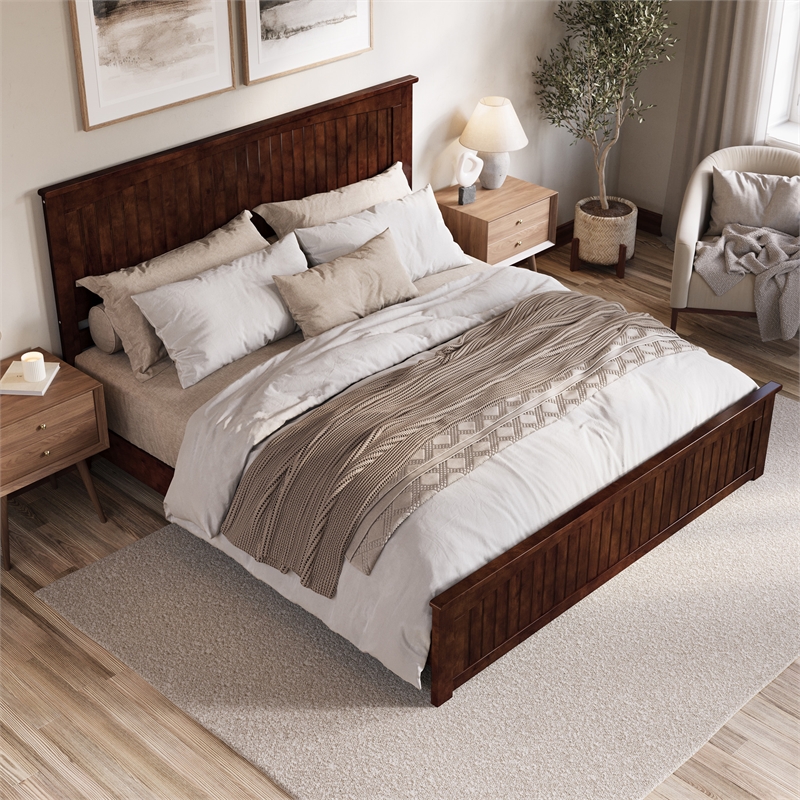 Naples King Wood Low Profile Platform Bed with Matching Footboard in Walnut
