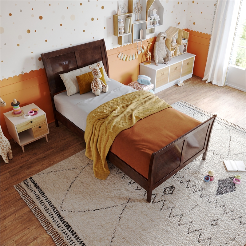 Valencia Twin Low Profile Wood Platform Bed with Matching Footboard in Walnut