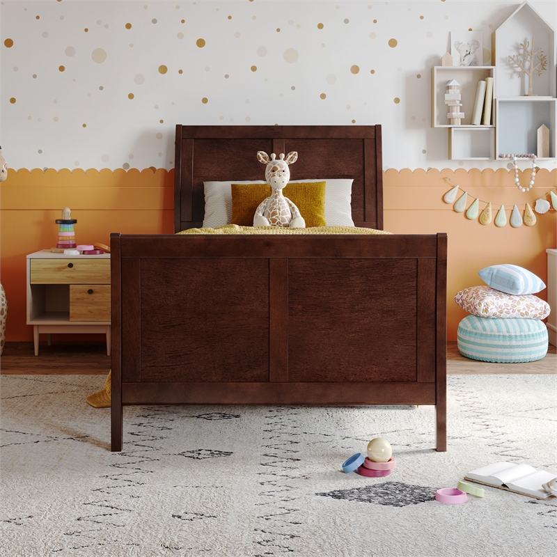 Valencia Twin Low Profile Wood Platform Bed with Matching Footboard in Walnut