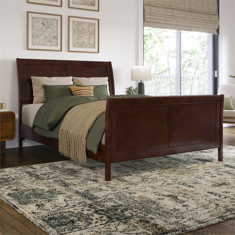 Valencia Full Low Profile Wood Platform Bed with Matching Footboard in Walnut