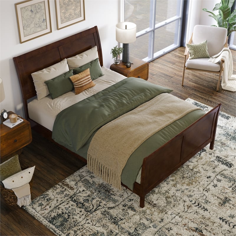 Valencia Full Low Profile Wood Platform Bed with Matching Footboard in Walnut