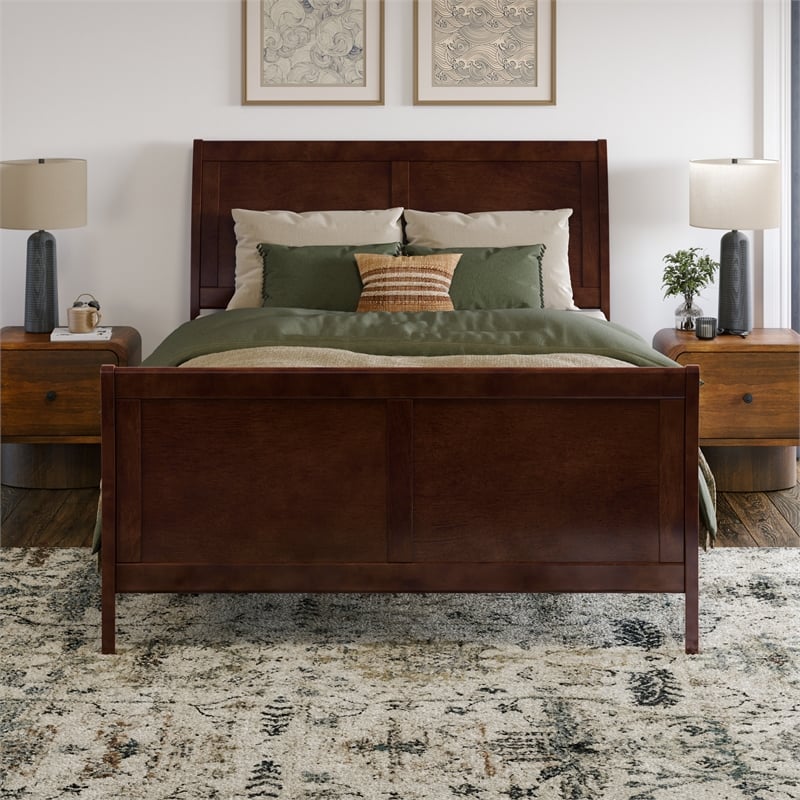 Valencia Full Low Profile Wood Platform Bed with Matching Footboard in Walnut