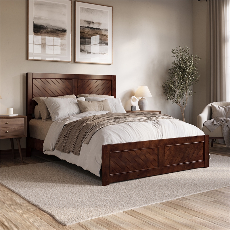 Berkshire Queen Wood Low Profile Platform Bed with Matching Footboard in Walnut
