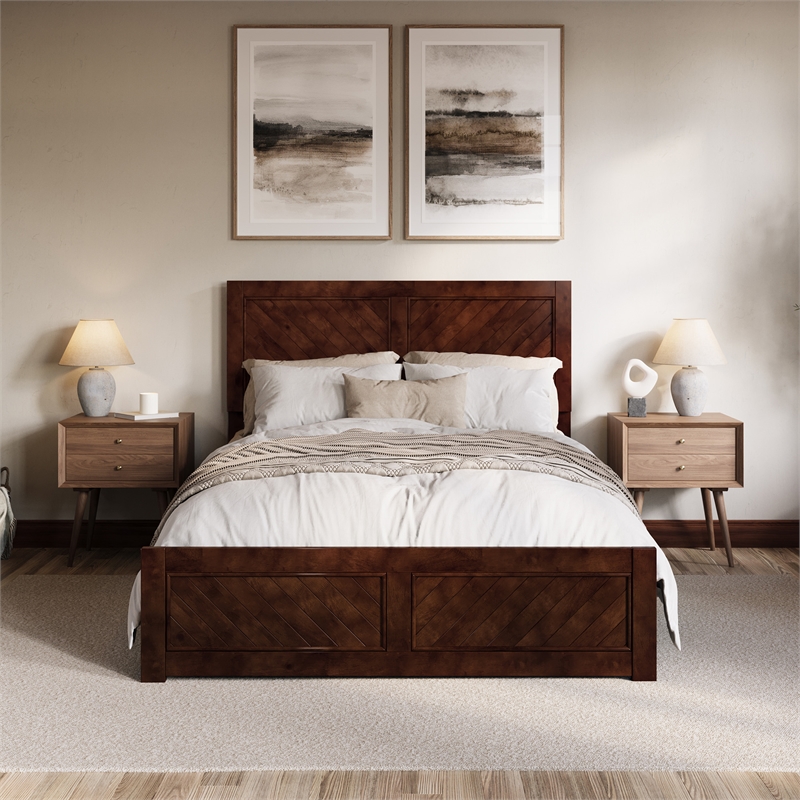 Berkshire Queen Wood Low Profile Platform Bed with Matching Footboard in Walnut