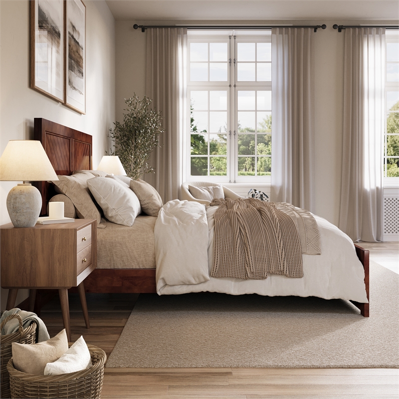 Berkshire Queen Wood Low Profile Platform Bed with Matching Footboard in Walnut