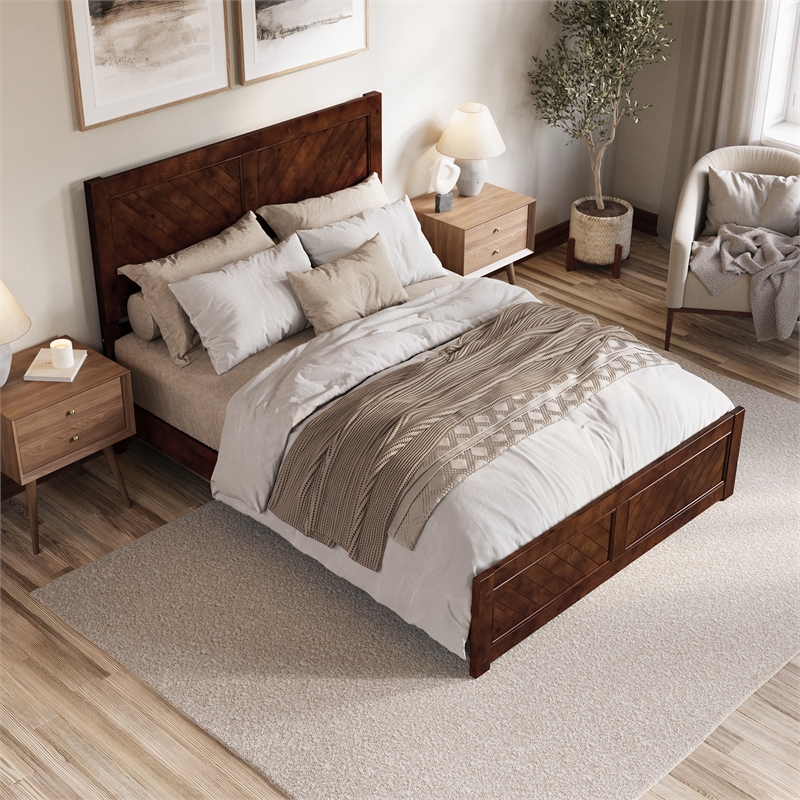 Berkshire Queen Wood Low Profile Platform Bed with Matching Footboard in Walnut