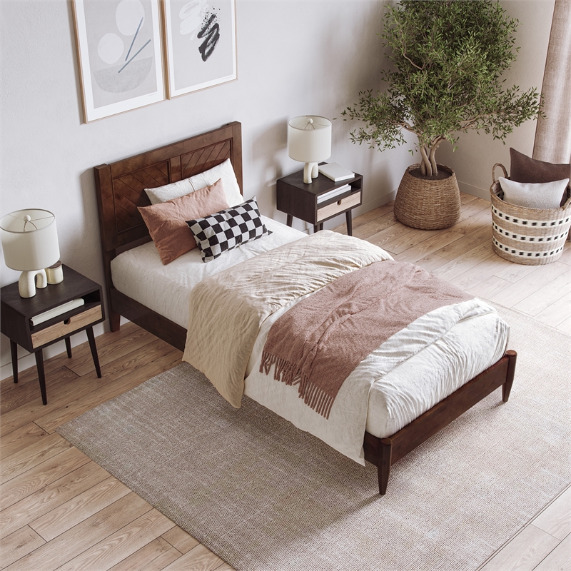 Berkshire Twin XL Wood Low Profile Platform Bed in Walnut