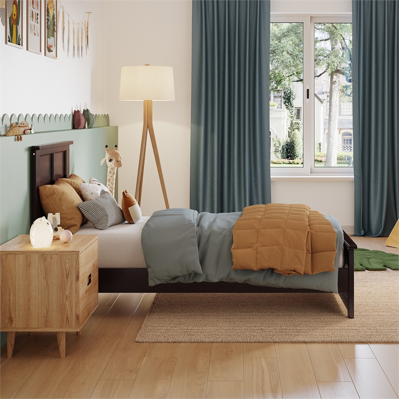 Charlotte Twin Wood Low Profile Platform Bed with Matching Footboard in Espresso