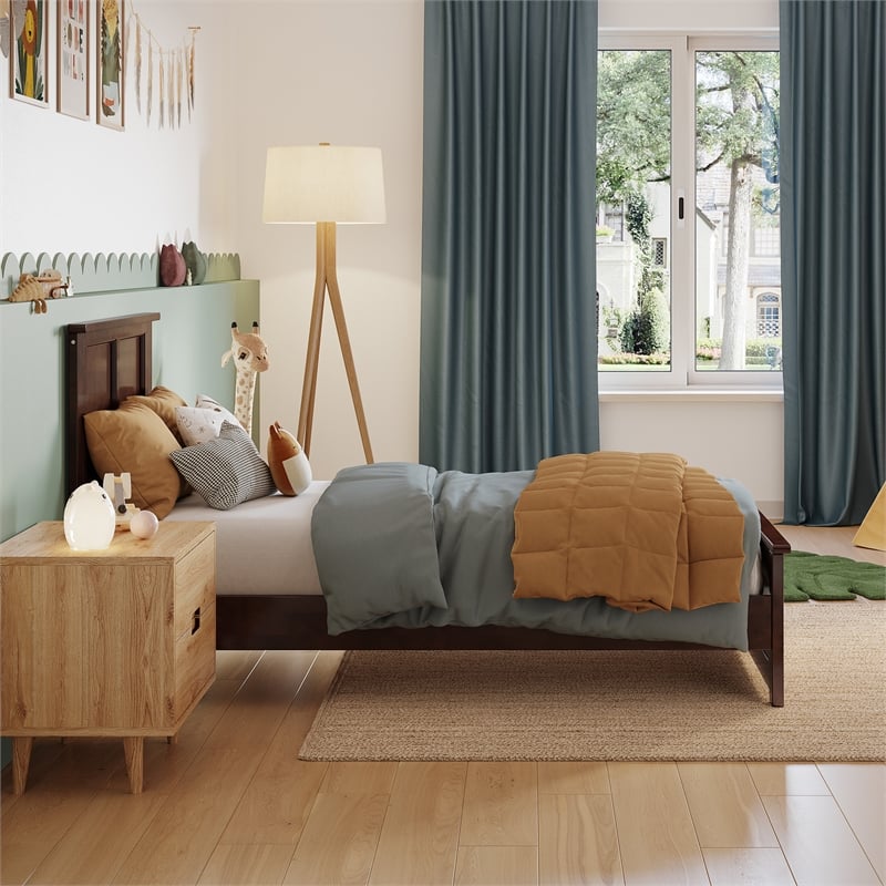 Charlotte Twin Wood Low Profile Platform Bed with Matching Footboard in Walnut